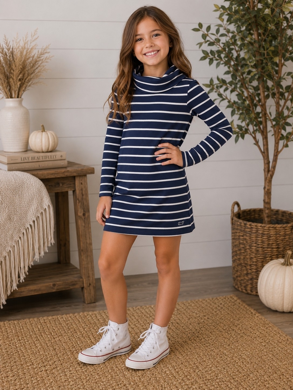 Vineyard Vines Girls Size 7/8 Navy Striped Cowl Neck Long Sleeve Dress